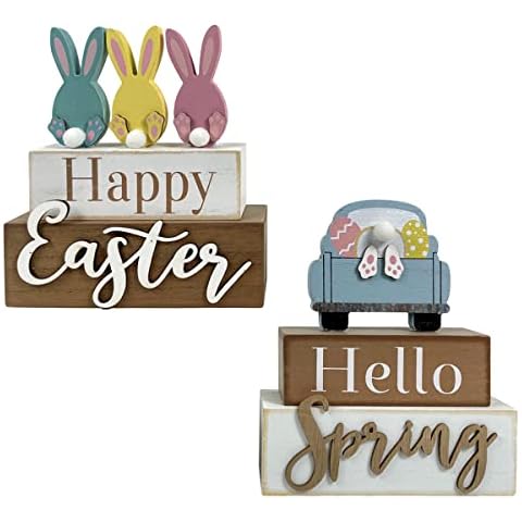 HOMirable 2 Pack Happy Easter Decorations Rabbit Truck Décor Spring Rustic Wooden Block Vintage Funny Bunny Home Décor Farmhouse Signs Gift for Garden Indoor Holiday Cover