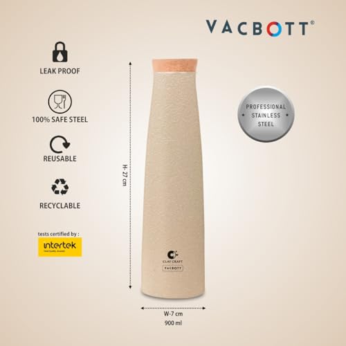 Image of CLAY CRAFT VACBOTT Chariott Cork Single Walled Non Insulated Water Bottle, 900ML (Beige) Steel Water Bottles for School, Office, Home, Gym, Water Bottle for Men Leakproof, Rust Free Steel Bottle