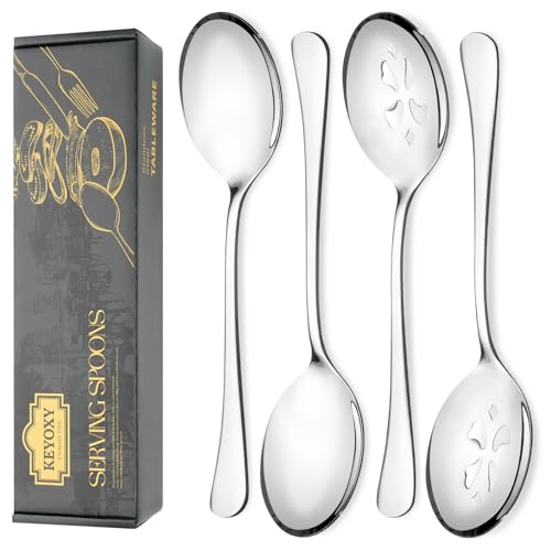 Keyoxy 4 Piece Stainless Steel Serving Spoon Set - 2 Large, 2 Slotted,Dishwasher Safe,10-Inch, for...