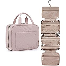 BAGSMART Toiletry Bag Travel Bag with hanging hook, Water-resistant Makeup Cosmetic Bag Travel Organizer for Accessories, Shampoo, Full Sized Container, Toiletries, Soft Pink