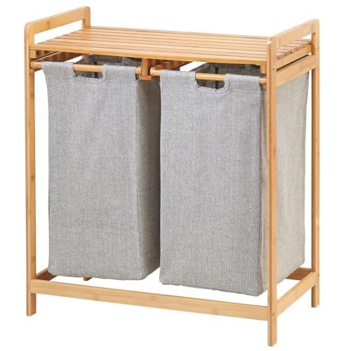 Image of mDesign Freestanding Bamboo 2 Section Double Laundry Organizer Hamper with Removable Storage Sorter Bags, Space-Saving Basket Duo with Handles for Clothes/Linens - Echo Collection - Vintage