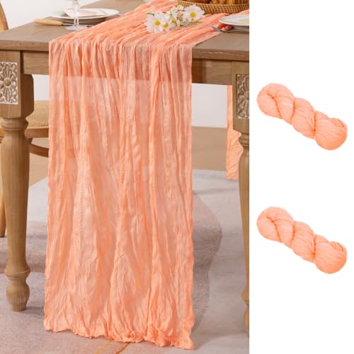 Image of MLMC 2 Pack Peach Pink Cheesecloth Table Runner 10ft Sheer Gauze Coral Cheese Cloth Table Runner Summer Dinning Decoration 35x120 Inches for Wedding Bridal Baby Shower Party Decor