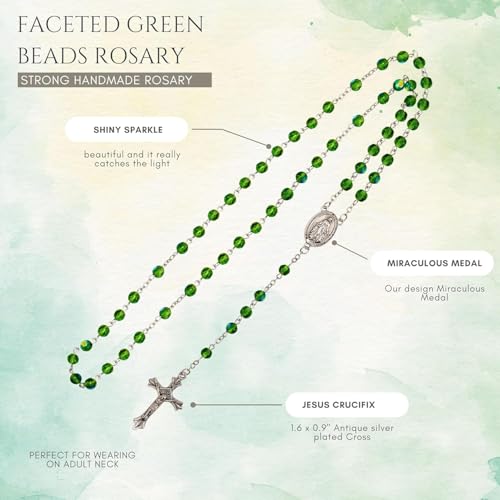 Nazareth Store Green Crystallized Glass Beads Rosary Necklace Holy Mary Medal & Cross Crucifix Handmade Christian Holy Rosary for Men and Women3
