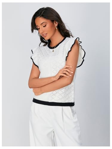 Image of MakeMeChic Women's Contrast Binding Ruffle Sleeve Vest Crew Neck Knit Sweater Pullovers Black and White Medium