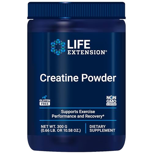 Life Extension Creatine Powder Muscle Support creatine monohydrate Exercise Performance and Recovery Gluten-Free Non-GMO Easy Mix unflavored Net Wt. 300 g