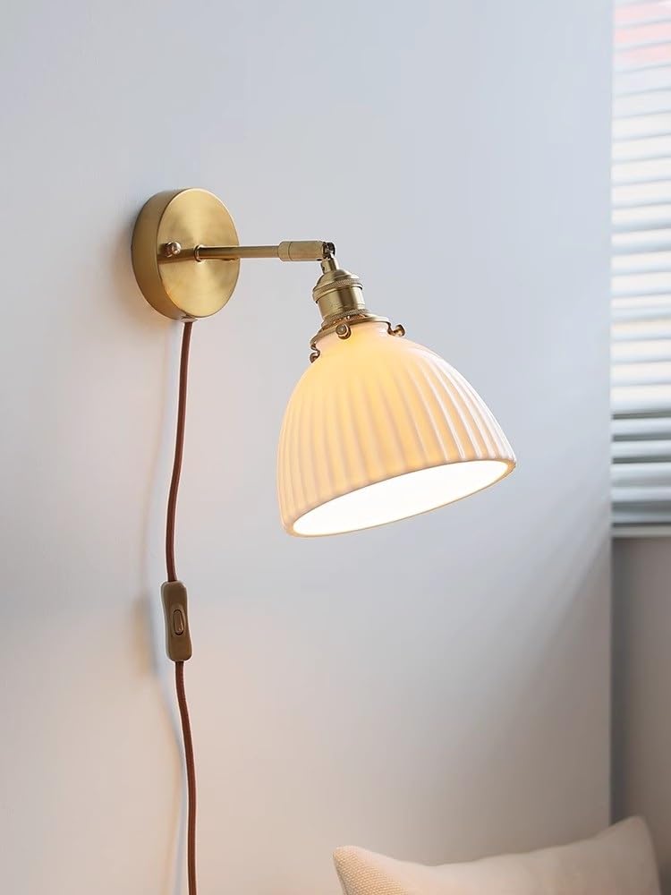 KBUUKYYXouy Wall Lights for Bedroom Brass Wall Sconces with Switch White Ceramic Lampshade with Cord Bedside Wall Mounted Light,B