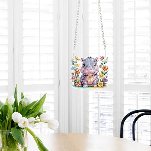 Image of AiYuanzsh DIY Diamond Art Painting Hanging Kit Hippo, Acrylic 5D Diamond Painting Pendant Ornament Board Kit, Home Garden Wall Door Diamond Art Hanging Ornament
