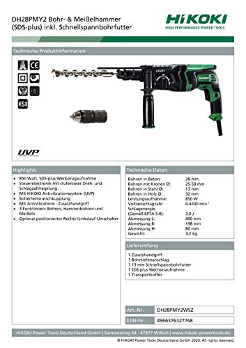 HiKOKI Bohr- & Meißelhammer DH28PMY2 (850W, 3.0 J, SDS-plus-Werkzeugaufnahme, Antivibrationssystem, Zubehör, Koffer) – Bild 3