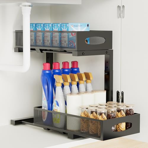 Under Sink Organizer, 2 Tier Metal Undersink Organizer, Large Pull Out Cabinet Organizers Sliding Drawer Shelf, Height Adjustable Storage Shelves for Kitchen Pantry Countertop (Black)