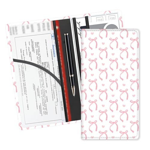 ADUQLZUX Leather Car Registration and Insurance Card Holder, Cute Car Accessories Vehicle Glove Box Car Organizer for Documents, Cards, License Pink Cute Bowtie Heart