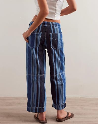 LifeShe Striped Pants Women Floral Printed Wide Straight Leg Lounge Pant Mid Rise Drawstring Cropped Trousers2