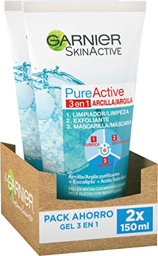 Garnier Skin Active Gel 3 em 1 argila, para peles mistas a gorduras, limpa, esfoliação e maciez, pack de 2 x 150 ml