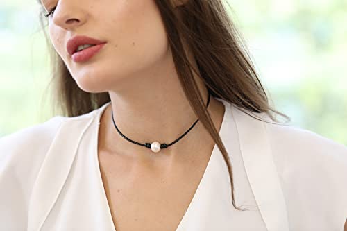 Pearl Black Leather Choker Necklace Genuine Leather Wrap Rope Pearl Choker Necklace Jewelry with 2.0mm Black Genuine Leather Cord 14 15 16 18 Inch4