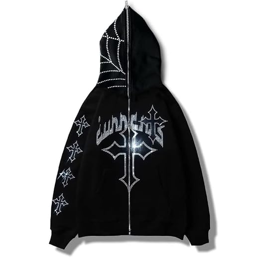 Men Y2K Fashion Hoodie Rhinestones letter graphics Print Zip Hoodie clothes Hoodies Goth Long Sleeve Sweatshirt Oversized Top (Black,M,Women,Unisex,US,Alpha,Medium,Regular,Regular)