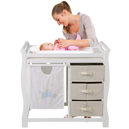 SEPNINE Cambiador de Bebé, Cambiador Bebe Mueble con Cambiador Blando, Cambiador con Gran Compartimento y 3 Cajones, Madera Natural, 91 cm para Protección Lumbar, Blanco