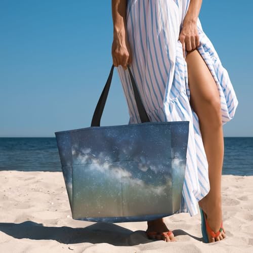 Starry Night Sky Outer Space Print Beach Tote Bag Waterproof Large Bags With Zipper Big Capacity For Vacation Travel 6