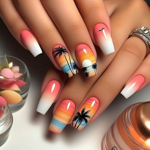 Summer Beach Press on Nails Medium Coffin Fake Nails Gradient Sun...