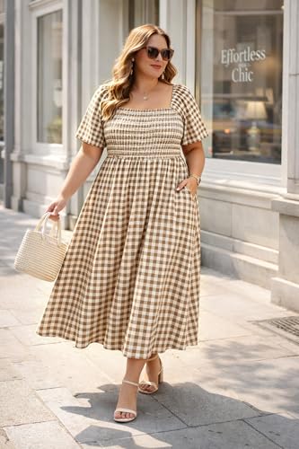 Image of RITERA Plus Size Dresses for Curvy Women Square Neck Short Sleeve Summer Floral Smocked Maxi Dress with Pocket XL-5XL