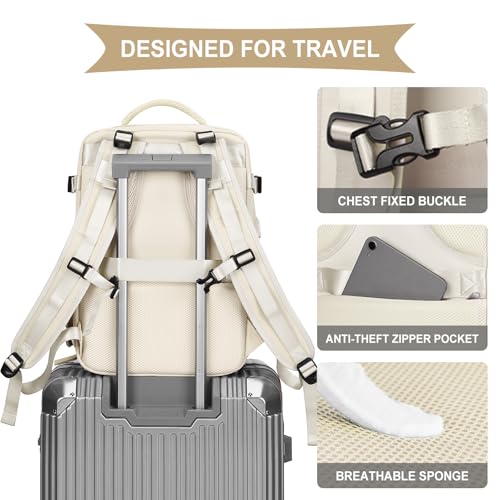 Image of coowoz Large Travel Backpack For Women Men,Carry On Backpack Flight Approved,Hiking Backpack Waterproof Outdoor Sports Rucksack Casual Daypack Fit 15.6 Inch Laptop Shoes Compartment(Off White)