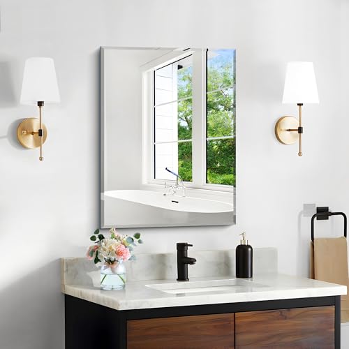 CILIBER Espejo biselado de 18 x 24 pulgadas, espejos de baño biselados sin marco para pared, espejo rectangular inastillable mejorado con borde biselado para baño, dormitorio, sala de estar y entrada