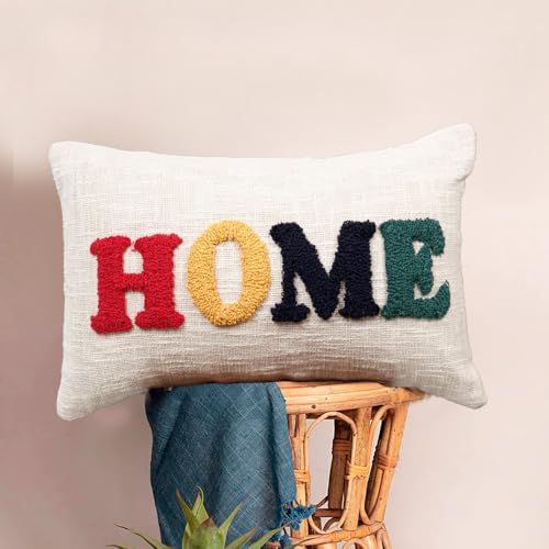 Image of HOMADORN 100% Cotton Text Pattern Handtufted /Embroided Decorative Cushion Cover (12X20 Inches) (1, Home Multicolor)
