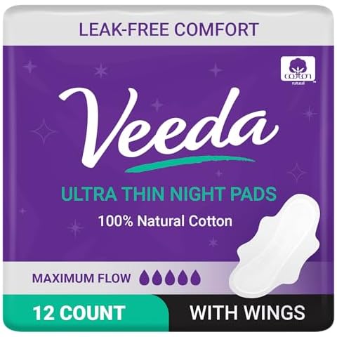 Veeda Ultra Thin Night Pads for Women - Super Absorbent Overnight pads with wings - Feminine Pads with Overnight Absorbency - Unscented & Chlorine free Sanitary Napkins - 12 Count Cover