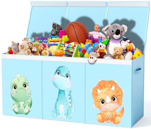 Extra Large Dinosaur Toy Box – 40"x13.5"x16.5" Collapsible Toy Chest with Dividers & Lid for Boys and Girls, Sturdy Kids Toy Organizer Bin for Nursery, Playroom, Bedroom, Stuffed Animal Storage
