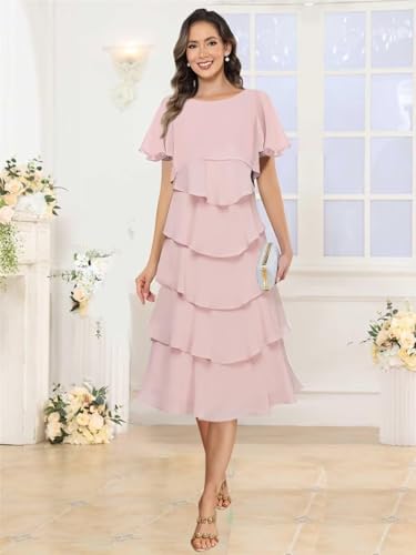 A Line Tiered Chiffon Mother of The Bride Dresses for Wedding Crew Neck Tea Length Formal Dresses for Wedding2