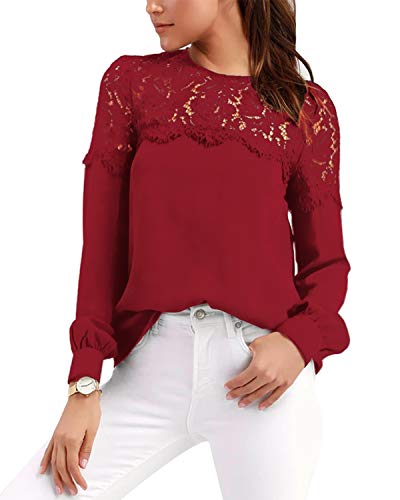 Celmia Womens Lace Blouses Tops Long Sleeve Botton Down Shirts Tunic Crewneck Red XL
