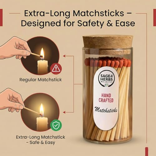 Image of Sage & Herbs Long 65 Red Matchsticks in a Borosilicated Cork Jar with Striker| for Fireplace, Kitchen, Home Temple | Extra Long Burn Time Matchsticks | Matchbox Aesthetic Red Color