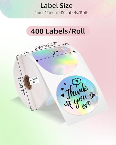 Phomemo 241BT D520BT 246S 249BT 50x50 mm Thermo-Etiketten Holographic selbstklebendes Aufkleber-Etikett, rundes direktes für Dankeskarte, Logo, Name, Preis, Adresse, QR-Code, 400 Etiketten