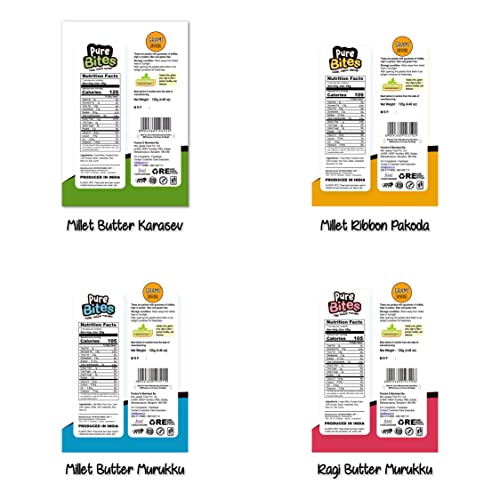 Image of Grami Superfoods Pure Bites Assorted Snack Pack of 4 (500g): Millet Butter Murukku / Chakli, Millet Ribbon Pakoda, Ragi Butter Murukku /Chakli, & Millet Butter Karasev - Healthy Indian Snacks | Millet Snacks | No Maida | No Preservative | High Protein & Fiber Snack | Low GI | Healthy Namkeen for Kids & Adults |Weight Loss Namkeen |Sugar Free | Diabetic Friendly Namkeen