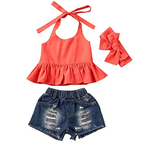 Toddler Girls Sunflower Rose Print Off Shoulder Tube Top Ruffle T Shirt Bell Bottom Wide Leg Flare Pants Jeans (1-2T, B-Red#15)