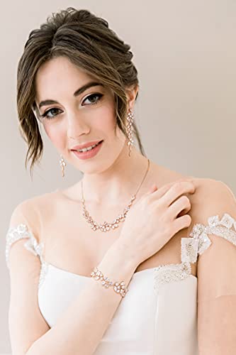 Sweetv Rose Gold Bridal Jewelry Set For Wedding, 3-Pcs Long Floral Necklace Earring Bracelet Sets For Brides, Bridesmaids, Elegant Marquise And Cubic Zirconia Jewelry Set For Women Party Prom Gifts #TOP1
