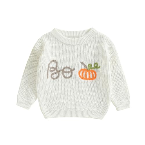 Toddler Halloween Sweater Baby Boy Girl Pumpkin Knit Sweaters Long Sleeve Pullover Sweatshirt for Fall Winter (White, 2-3 Years)