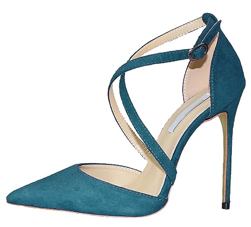 Hanfike Zapatos de tacón para mujer, tacones altos, correa cruzada, sexy, fiesta, boda, Turquesa oscura., 38 EU