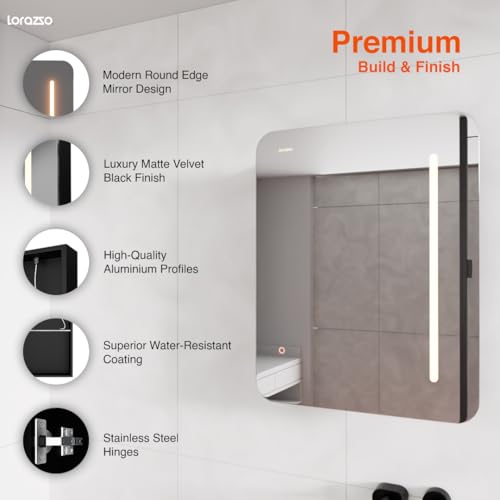 Image of Lorazzo Smart LED Mirror Cabinet - 24x18 in | 3 Colour LED Bathroom Mirror (Warm, Cool & White) | Anti-Fog Mirror with Defogger | Matte Black Mirror Cabinet with Storage | 5-Year Warranty