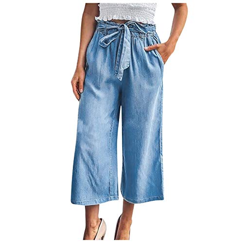 Amazingdays Womens high Waisted Baggy Jeans Capri Wide Leg Blue Jeans for Women Casual Lace Up Jeans