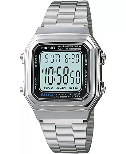 Casio A178W-1A Men's Vintage Silver Tone Band Alarm Chronograph Digital Watch, Silver