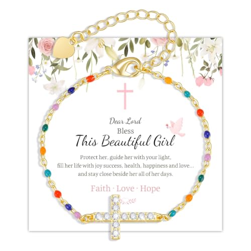 Cross Bracelet for Girls, 14K Gold Plated Christian Jewelry, Colorful Beads - image 1
