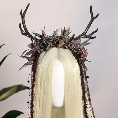 MOSTORY Flower Reindeer Headband for Women - Floral Antler Headpiece Woodland Deer Horns Hairband for Renaissance Cosplay3