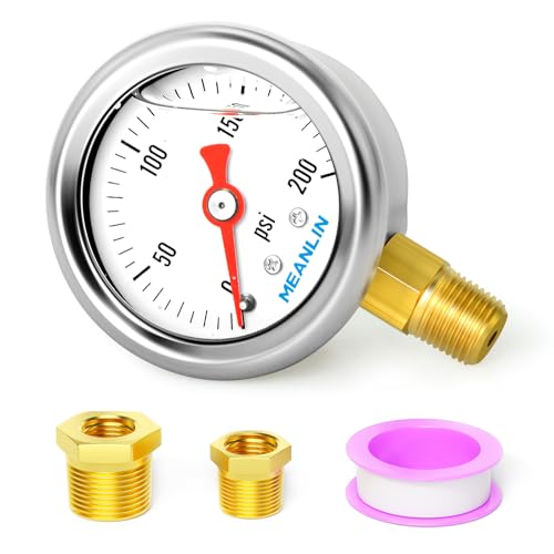 MEANLIN MEASURE 0~200Psi Stainless Steel 1/8" NPT 1.5" FACE DIAL, Glycerin Filled Pressure Gauge, Liquid Filled, Water Oil Air, Lower Mount, with 1/4" NPT and 3/8" NPT Hex Bushing