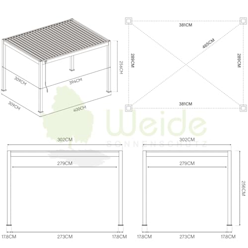 Pavillon Pergola 3x4m Terassenüberdachung freistehend mit Lamellendach verstellbar Gartenpavillon Hardtop wasserdicht stabil Winterfest Voll-Aluminium Grillpavillon wetterfest Weide Deluxe Anthrazit