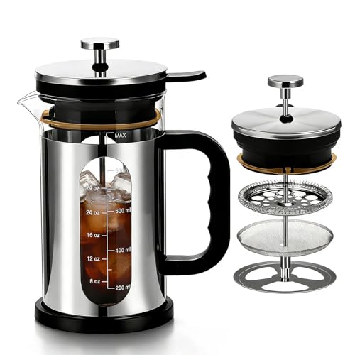 La Mejor Selección de Cafetera Prensa - los preferidos. 41 Cafetera Francesa, JASUVII Prensa Francesa de Vidrio,Cafetera Prensa Francesa 1Litro De Vidrio Resistente Altas Temperaturas y Acero Inoxidable, Apta para Café Molido y té de...