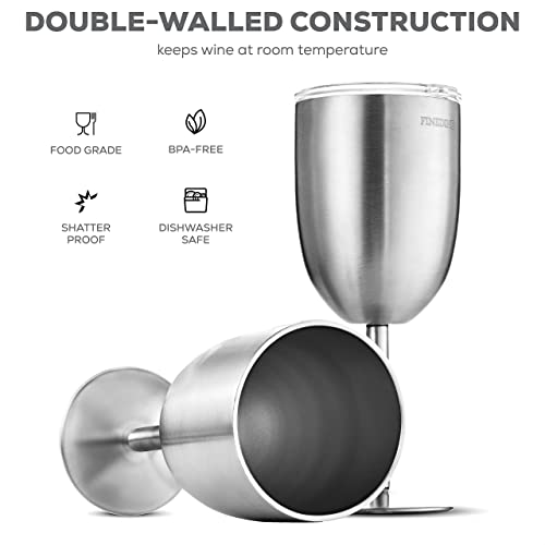 Finedine Premium Grade 18/8 Stainless Steel Wineglasses 12 Oz. Double-Walled Insulated Unbreakable Goblets (Set Of 2) Stemmed Wineglass Bpa-Free Leak-Resistant Lid For Red White Wine, Brushed Metal #TOP5