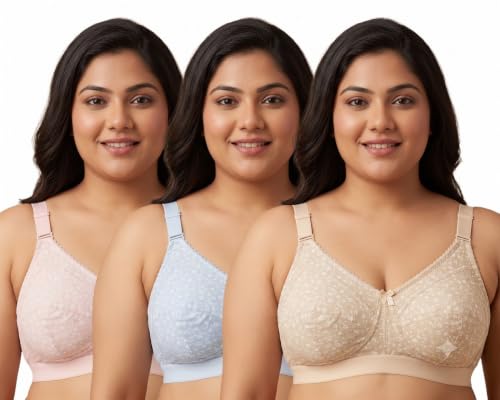 Image of Narsingha Dreams Women's Cotton Blend Floral Printed Non-Padded Plus Size Heavy Bust Minimizer Full Coverage T-Shirt Bra Combo Pack of 3