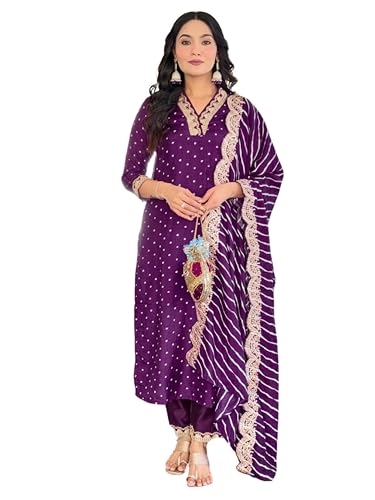 Image of Naixa Women's Rayon Cotton Lining Embroidered Straight Kurta with Pant and Dupatta Sets (NX-470)