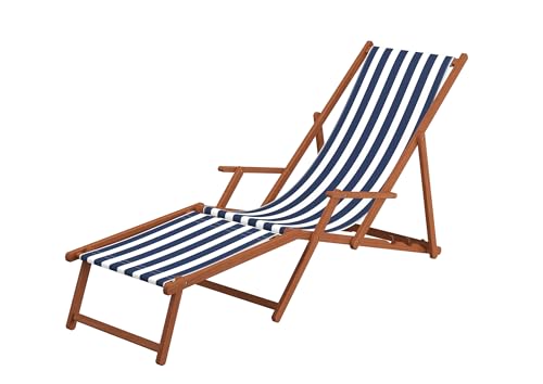Erst-Holz Chaise Longue rayé Bleu et Blanc, chilienne, Bain de Soleil Pliant, Repose-Pieds, Oreiller 10-317FKH