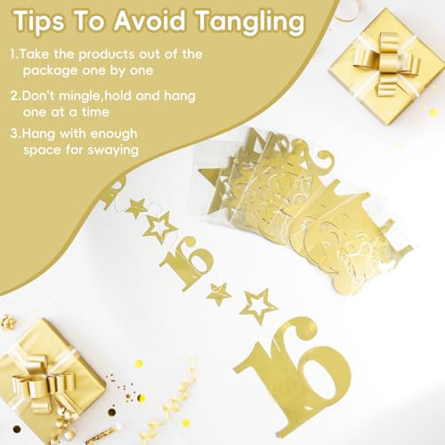 Image of Eucutur Gold Sweet 16 Party Decorations for Boys Girls, Pre-Strung Glitter Twinkle Number 16 Years Old Vintage 2010 Hanging Streamer Banner Party Supplies, Gold Happy 16th Birthday Gift Decor