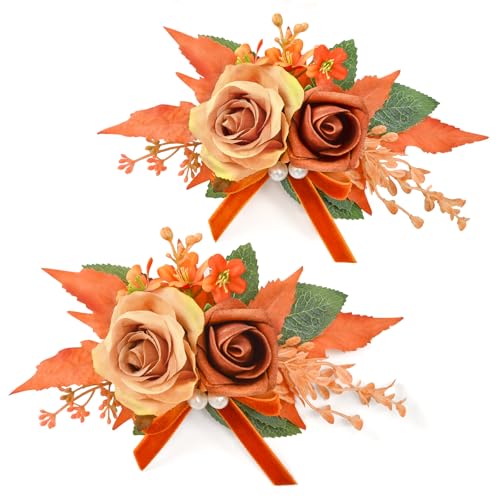 Serwalin 2 Pcs Boutonniere, 6-7 Inch Orange Corsage for Wedding, Boutonniere for Men Groom and Best Man Prom Ceremony Anniversary Party Suit